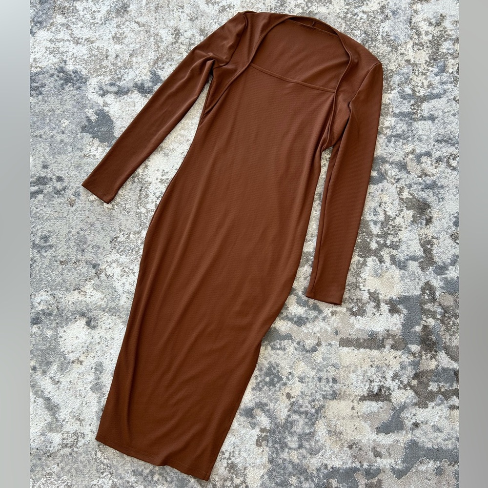 Chocolate brown square neck midi dress